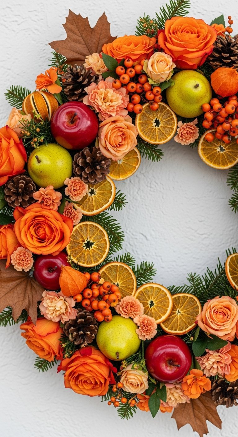 Couronne de Noel moderne avec roses orange poires pommes et tranches d oranges sechees