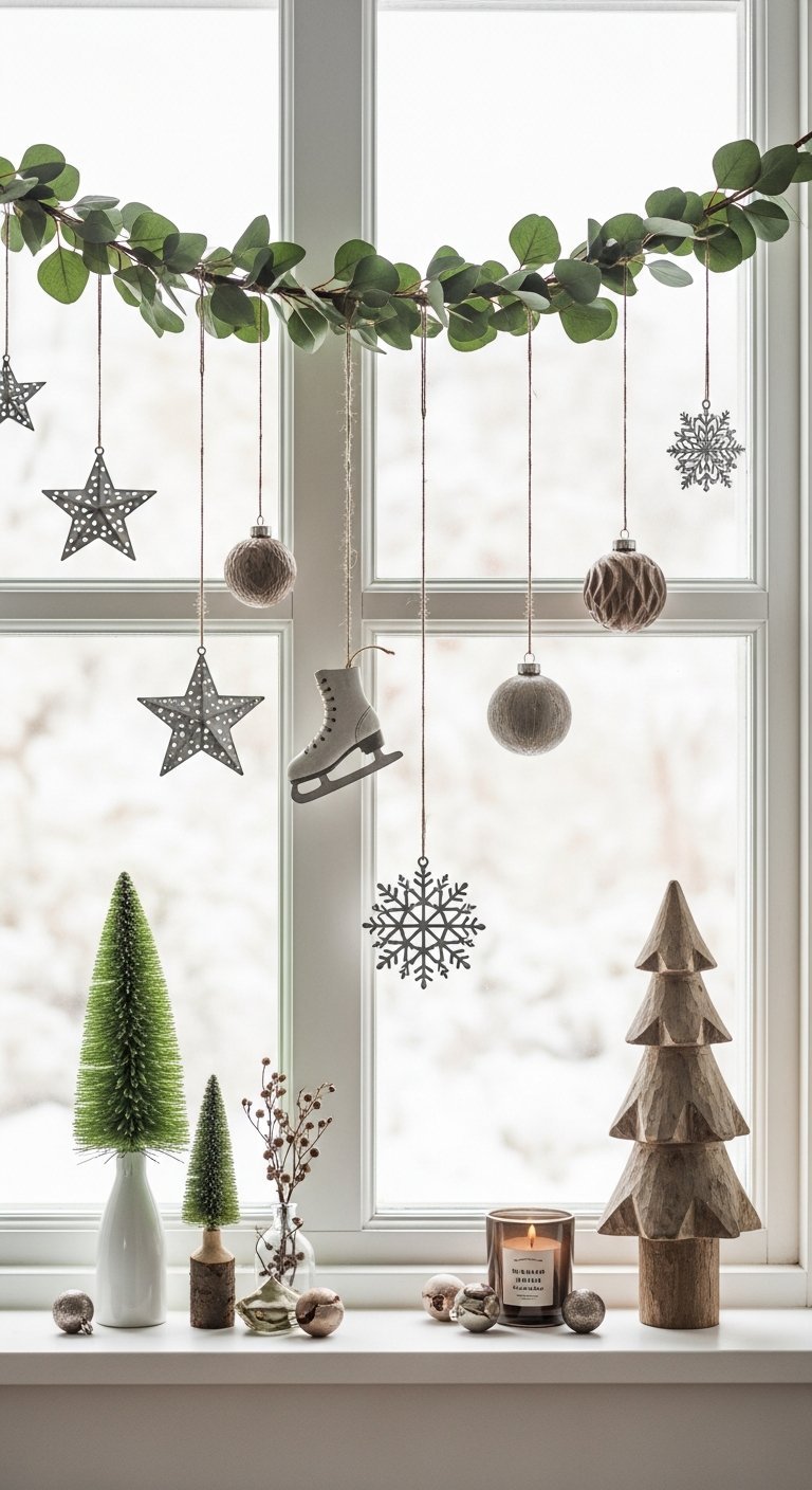 Décor de fenêtre scandinave avec guirlande d eucalyptus et ornements suspendus