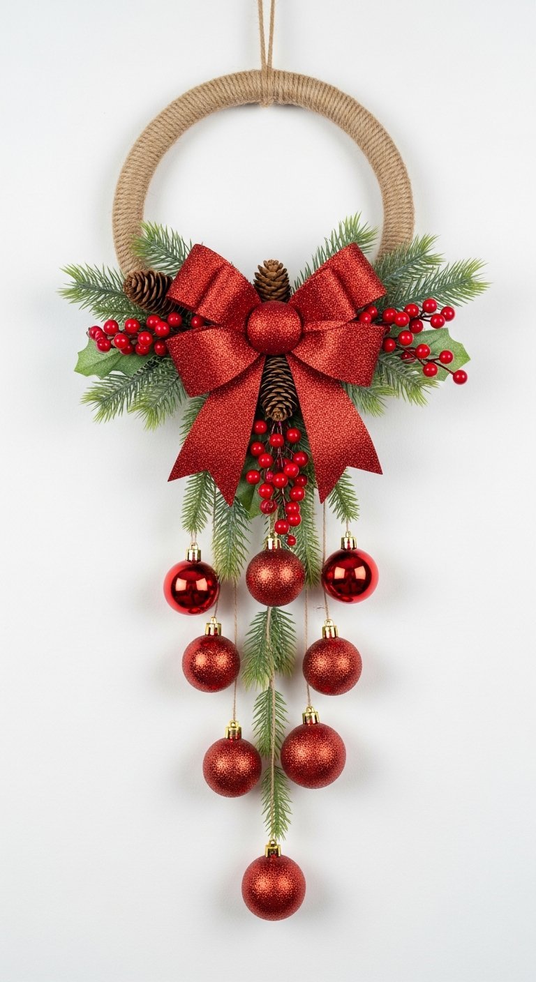 Decoration de porte de noel a suspendre avec noeud rouge et boules scintillantes