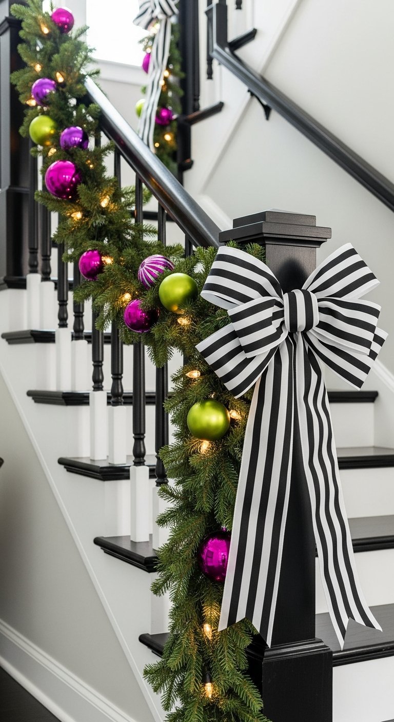 Décoration escalier noël moderne avec ruban rayé noir et blanc et boules fuchsia