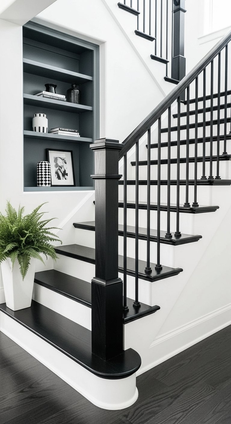 Escalier élégant avec marches peintes en noir et contremarches blanches style smoking
