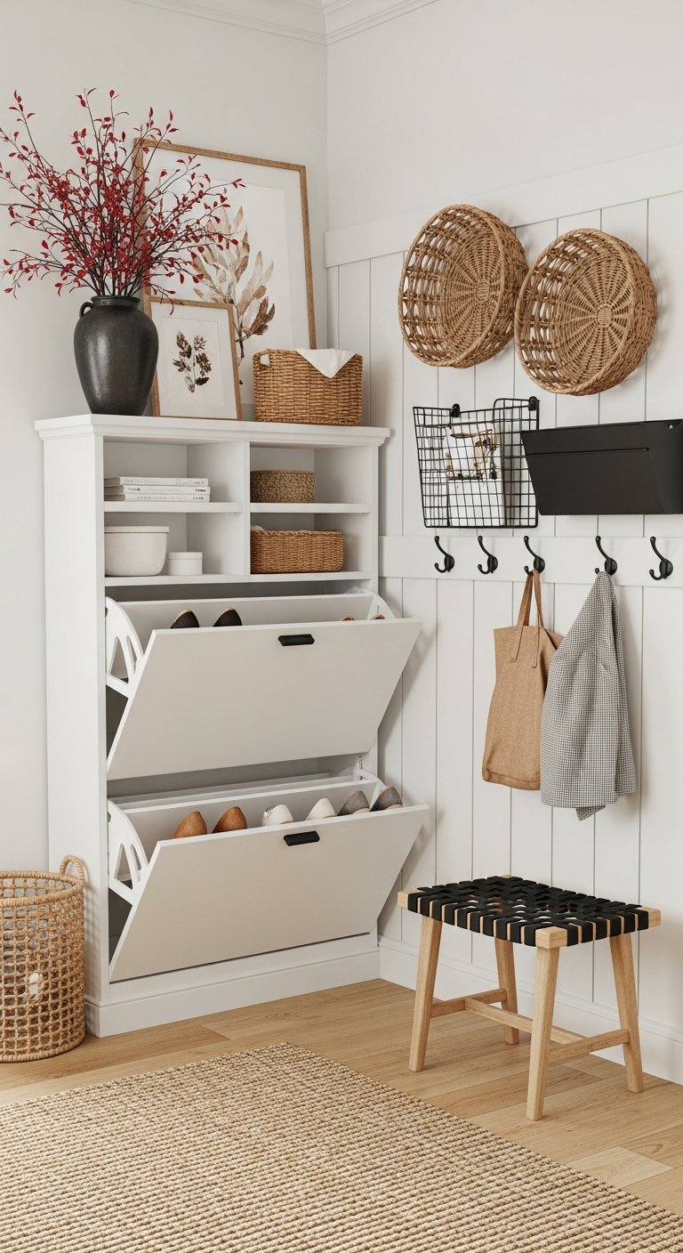 Meuble a chaussures blanc a abattants avec patères et tabouret