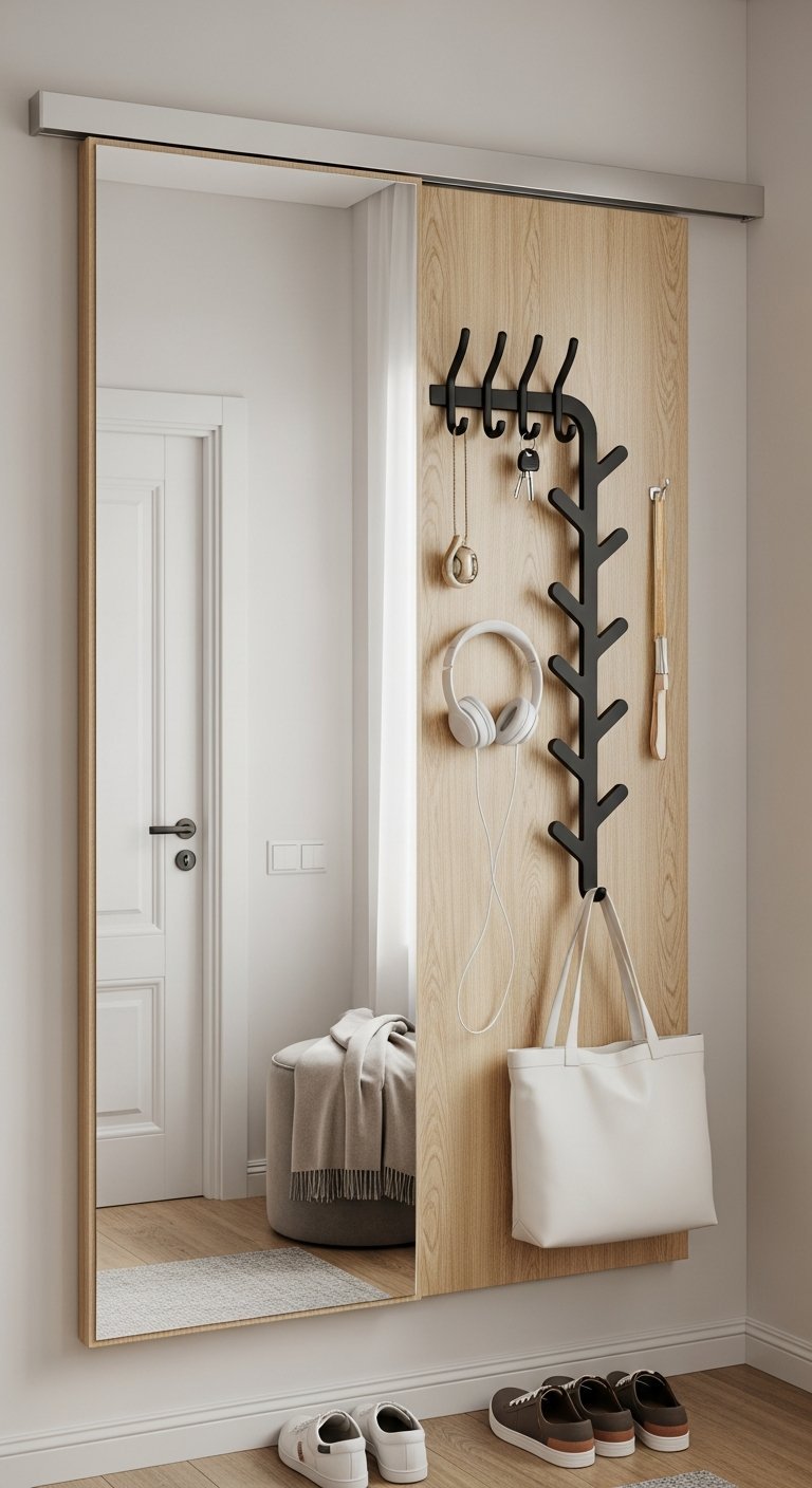 Miroir coulissant pleine hauteur révélant un panneau de rangement en bois