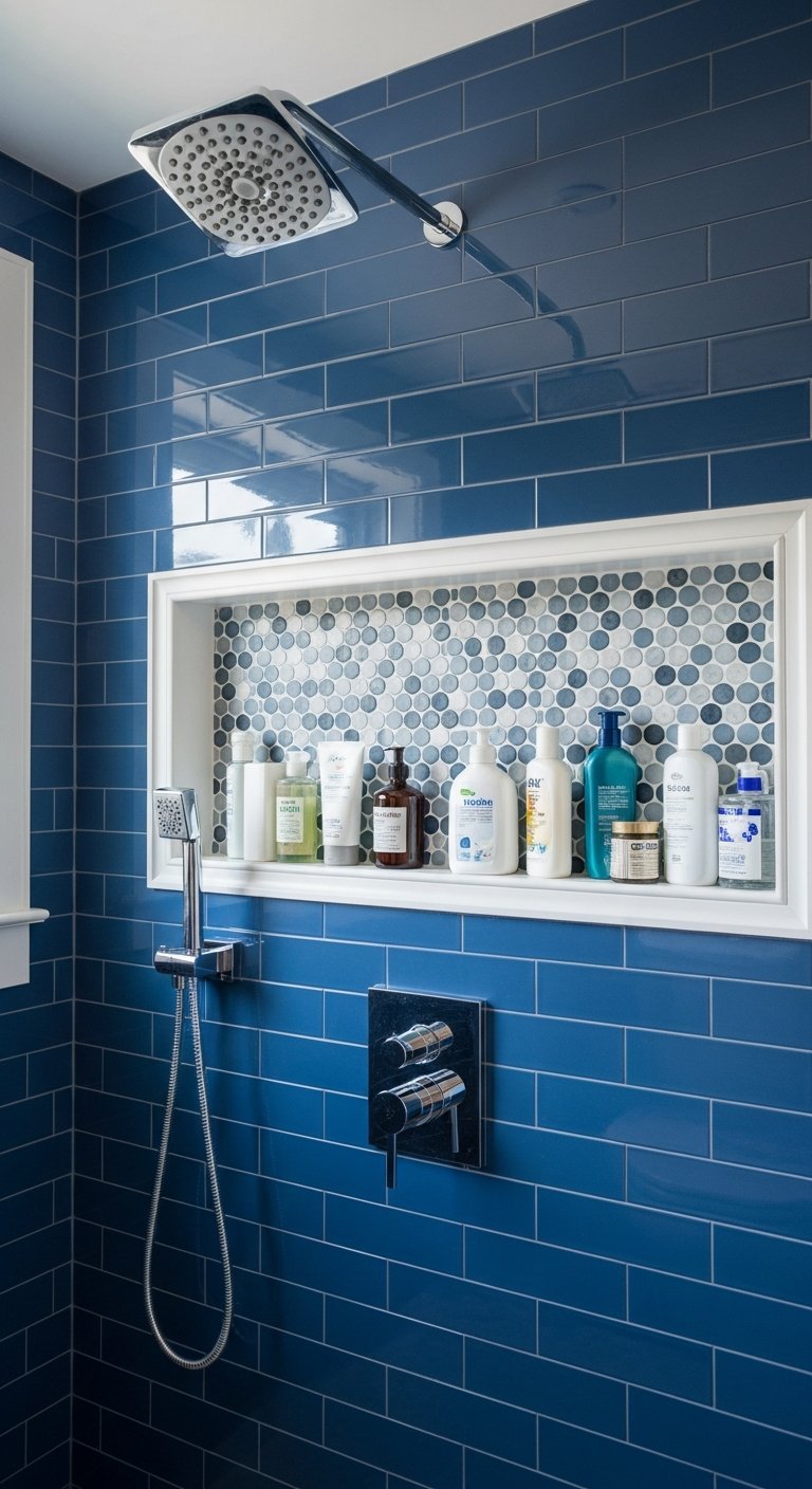 Niche de douche horizontale avec fond en mosaique bleue sur carrelage metro bleu
