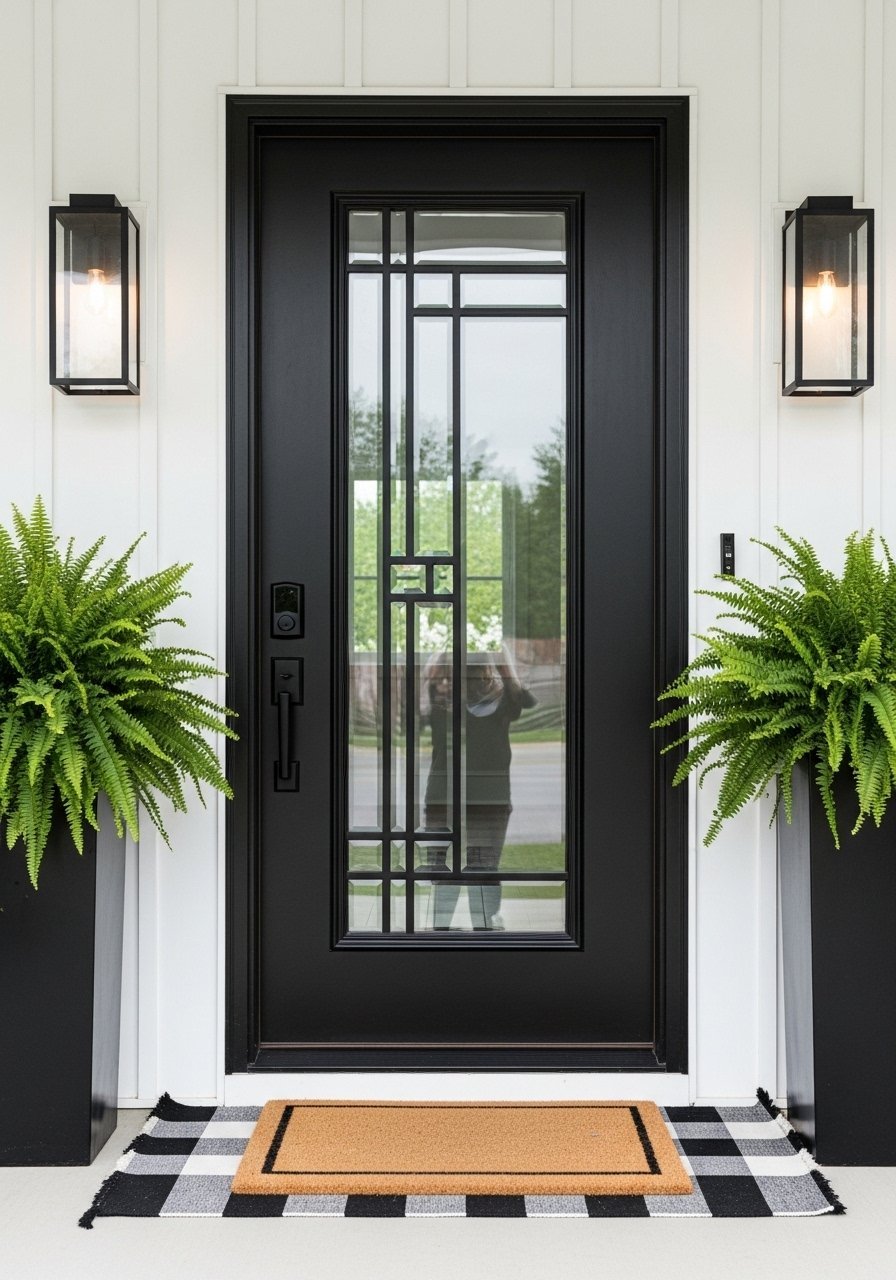 Porte noire vitrage geometrique artisanale