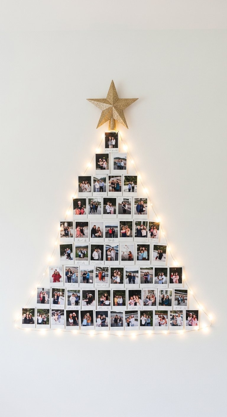 Sapin de Noel mural fait de photos polaroid et guirlande lumineuse