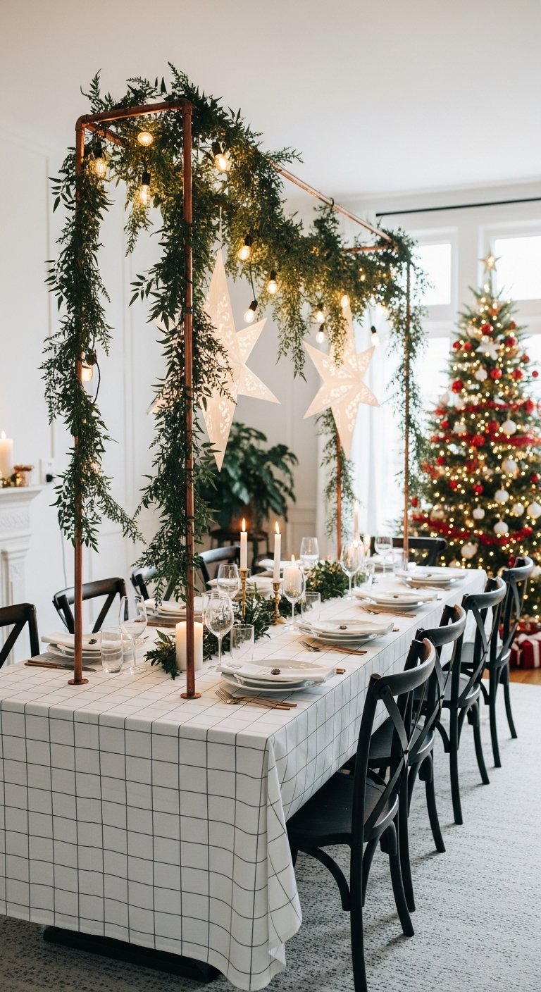 Table de Noel blanche et noire avec structure vegetale en cuivre