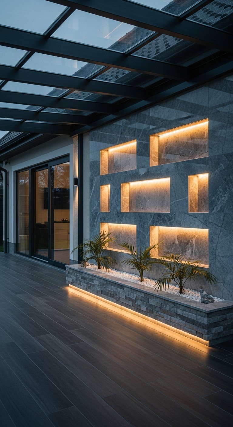 Véranda terrasse moderne avec mur en pierre et niches éclairées