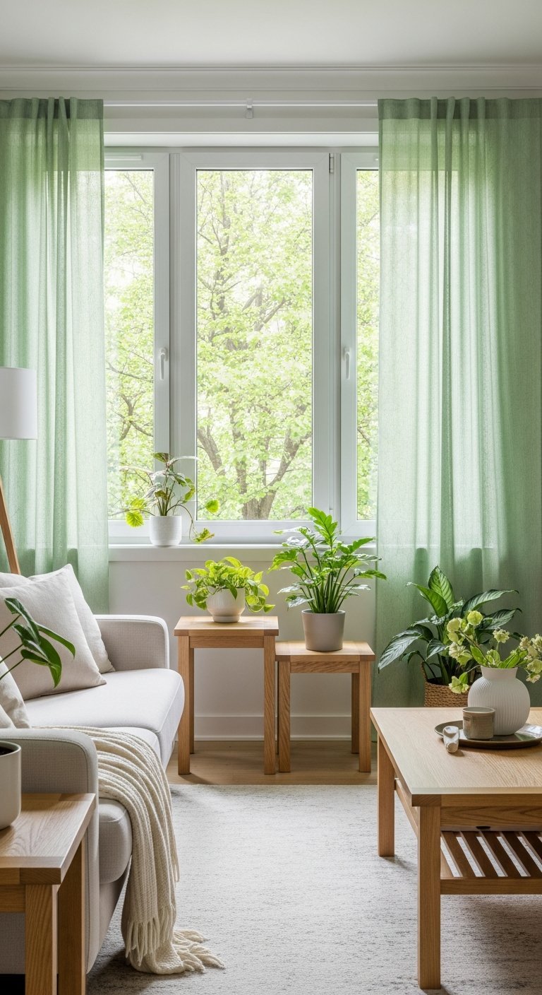 Voilages de salon vert sauge legers dans un interieur scandinave