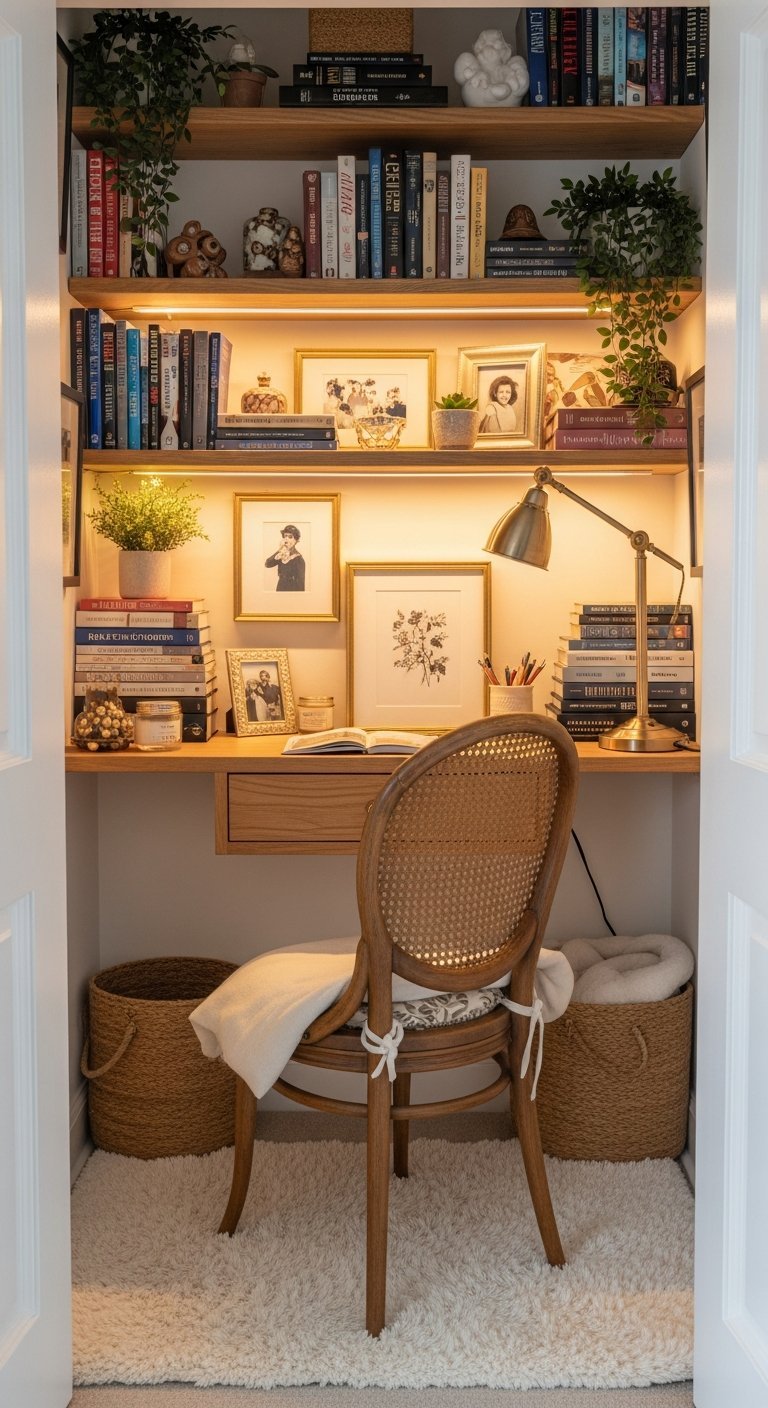 Bureau de travail à la maison dans placard cloffice avec éclairage