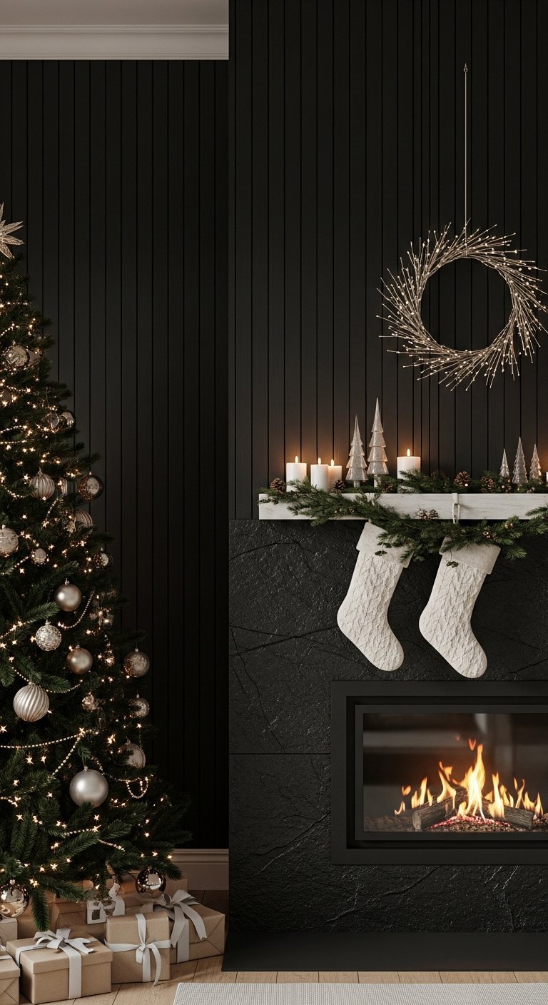 Cheminee moderne noire sur mur a lattes noires avec chaussettes blanches