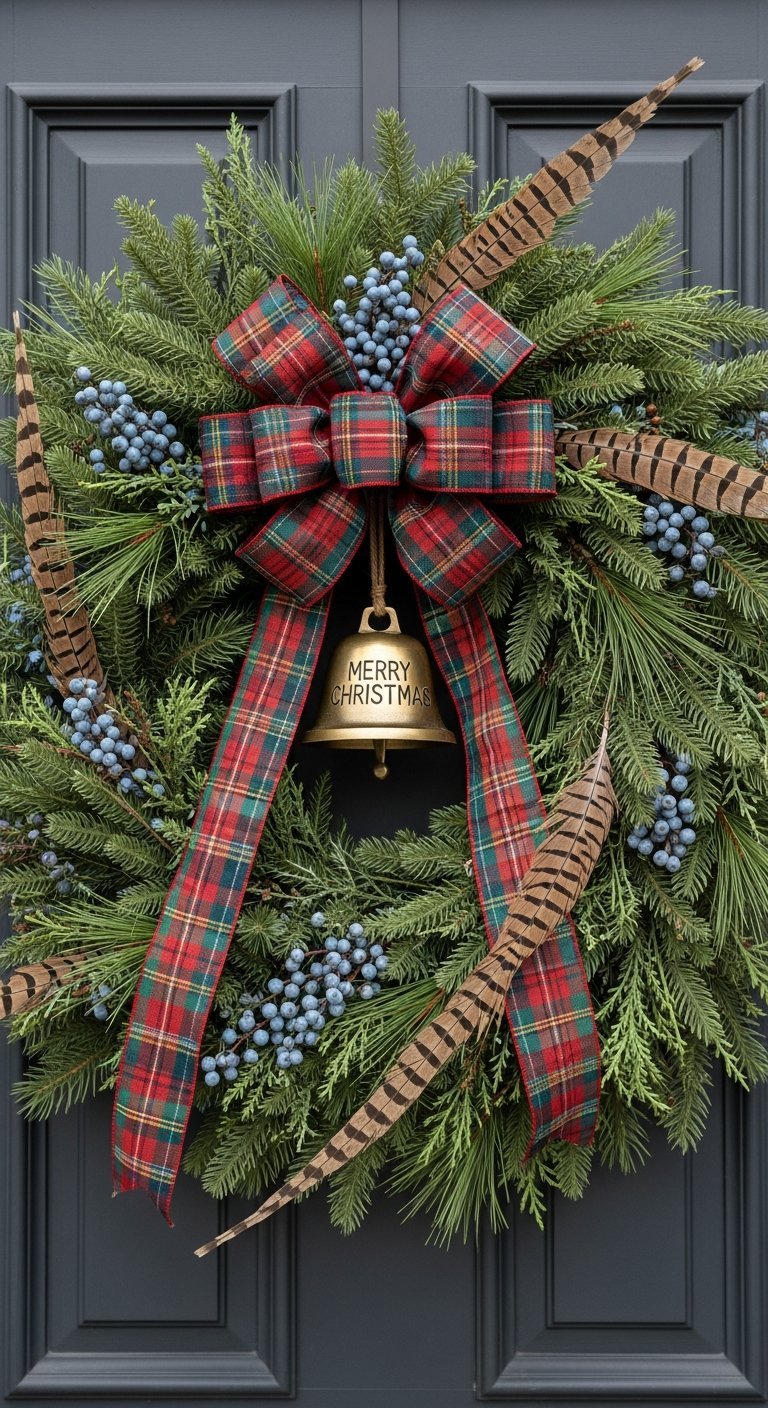 Couronne de Noel moderne avec noeud ecossais cloche doree et plumes de faisan