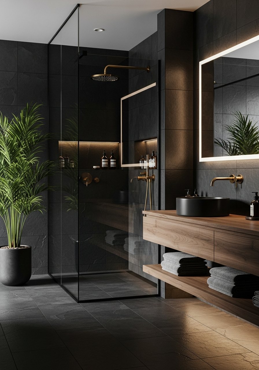 Douche vitree profils noirs meuble bois