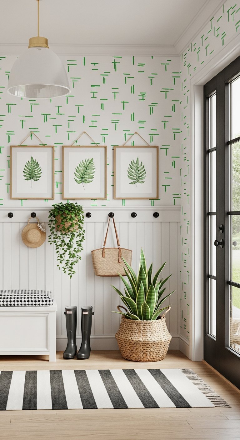 Entree avec papier peint graphique vert et lambris blanc