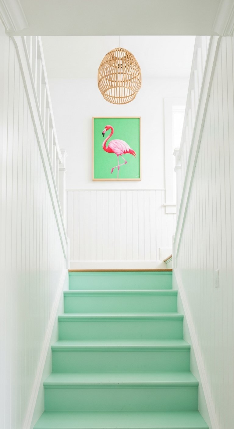 Escalier peint entièrement en vert menthe avec un tableau de flamant rose sur le mur blanc