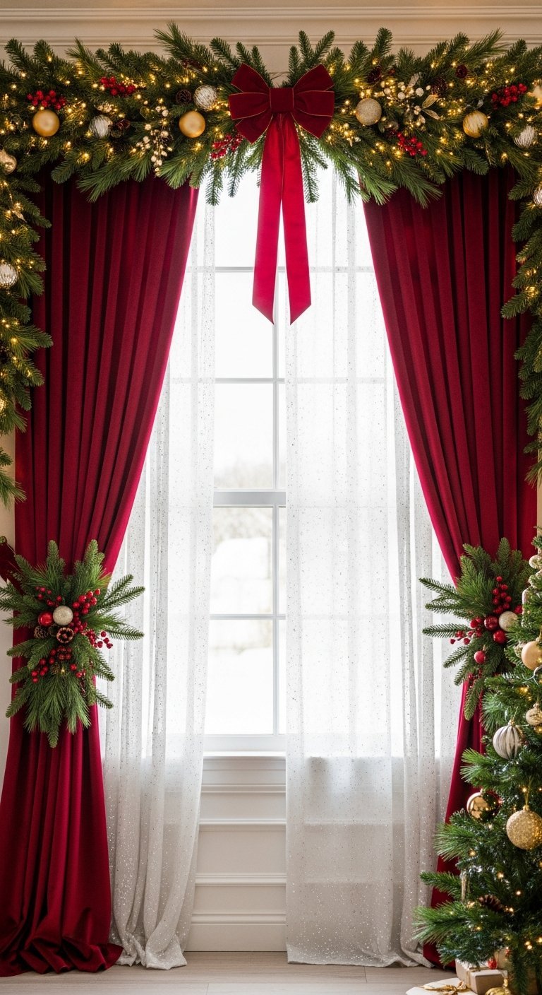 Fenêtre encadrée de rideaux rouges et d une guirlande de Noël épaisse