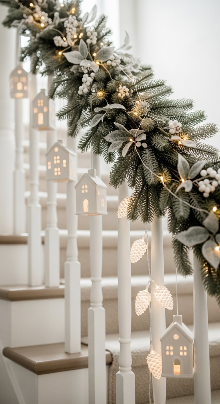 Guirlande escalier noël givrée avec petites maisons lumineuses suspendues
