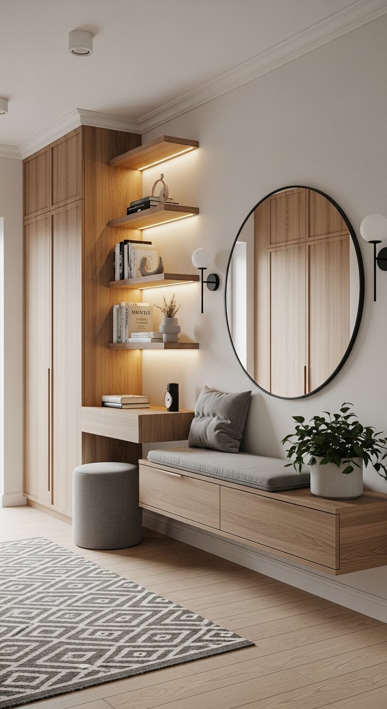 Miroir rond dans un aménagement d entrée sur mesure en bois avec banc
