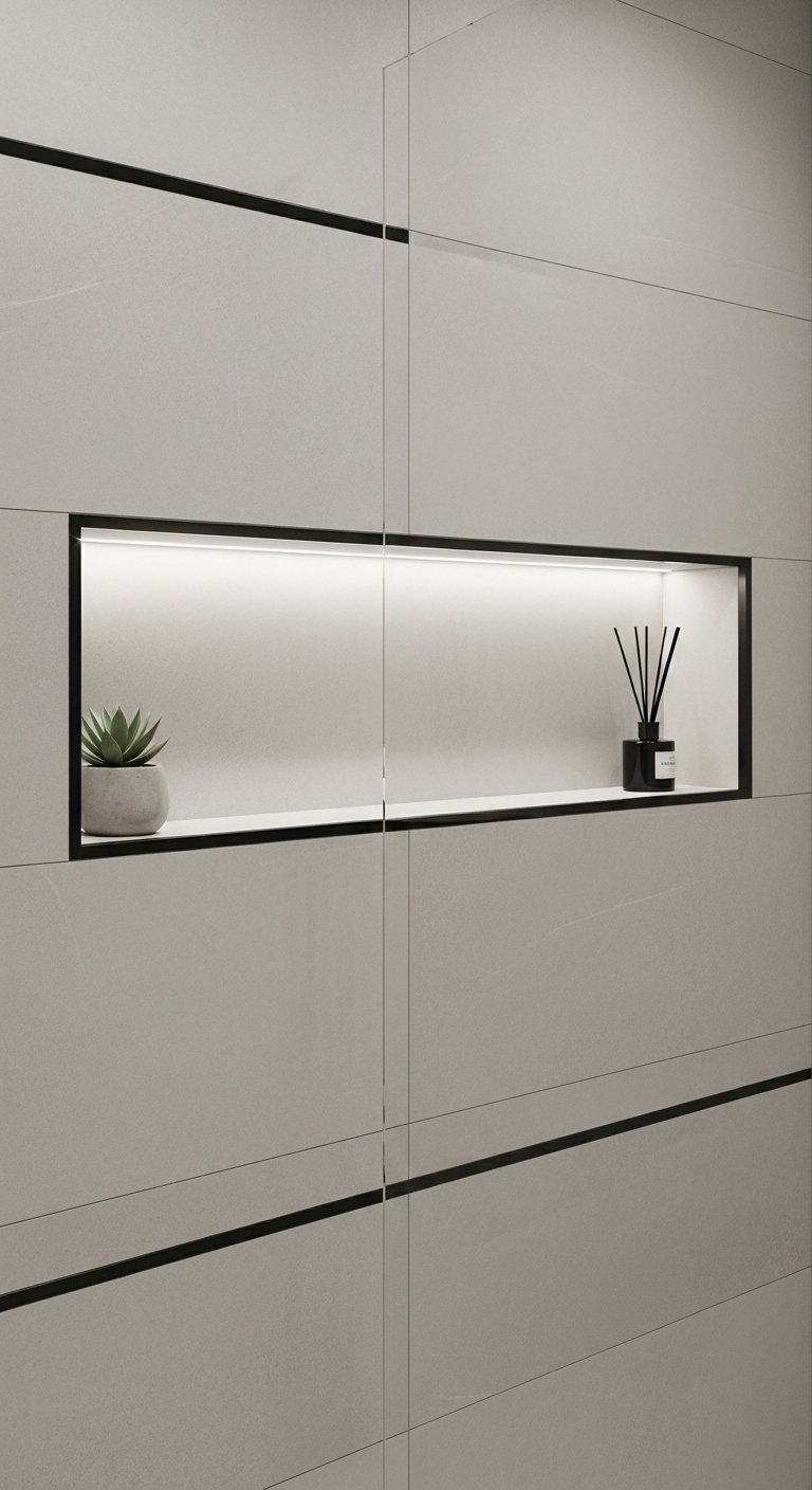 Niche murale horizontale minimaliste avec cadre noir et eclairage LED