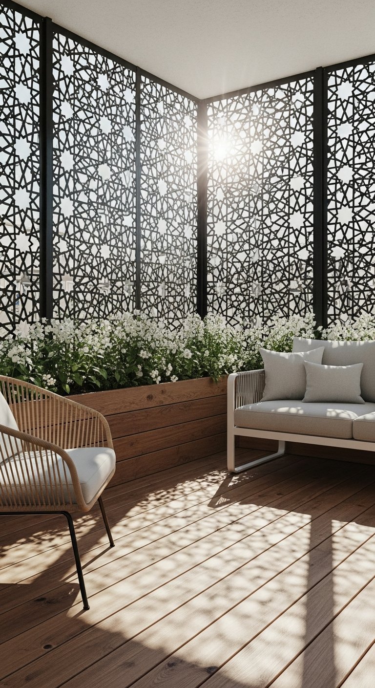 Panneau brise vue terrasse design noir avec motif abstrait et jardiniere en bois