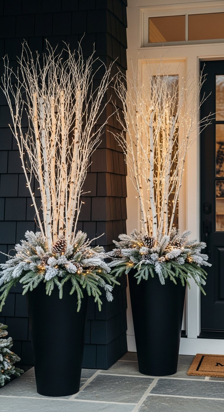 Pots noirs avec branches de bouleau blanc et lumières