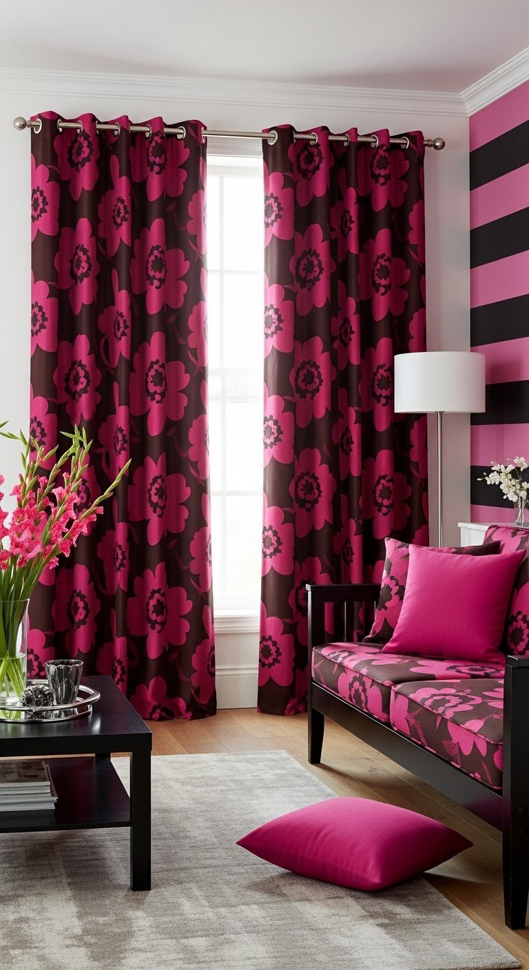 Rideaux de salon a grands motifs floraux roses et bruns