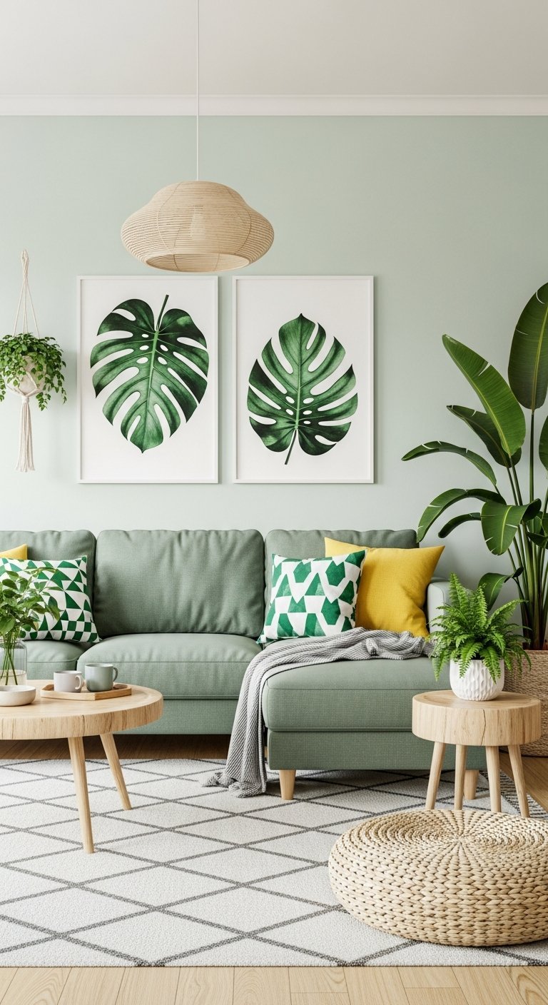 Salon vert sauge avec canape assorti et cadres de feuilles de monstera