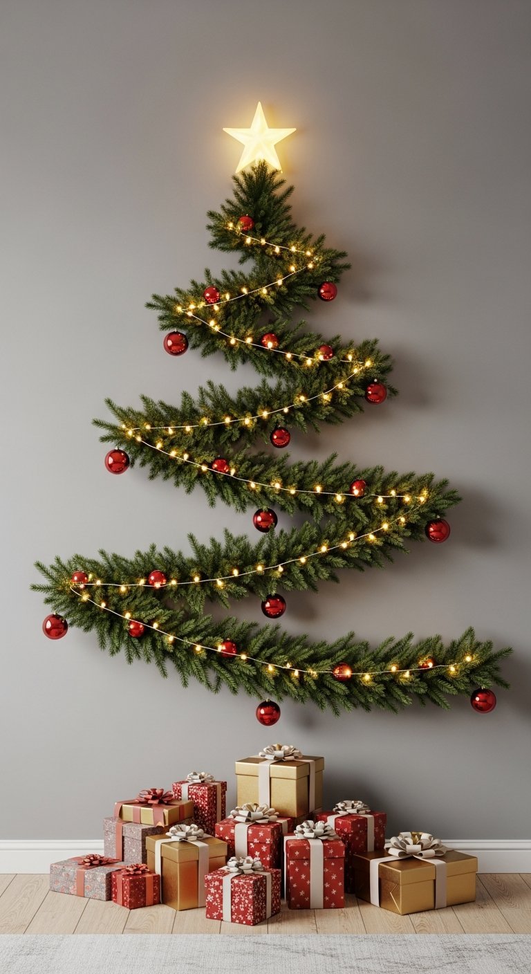 Sapin de Noel mural fait de branches de sapin et boules rouges