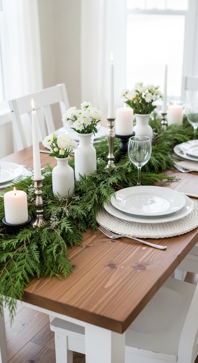 Table de Noel en bois avec chemin de table vegetal et fleurs blanches