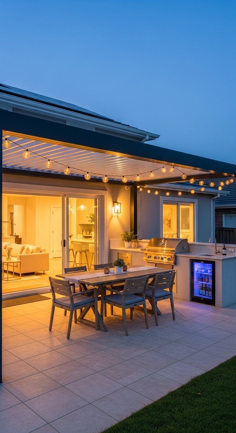 Terrasse couverte esprit véranda avec cuisine extérieure et guirlandes