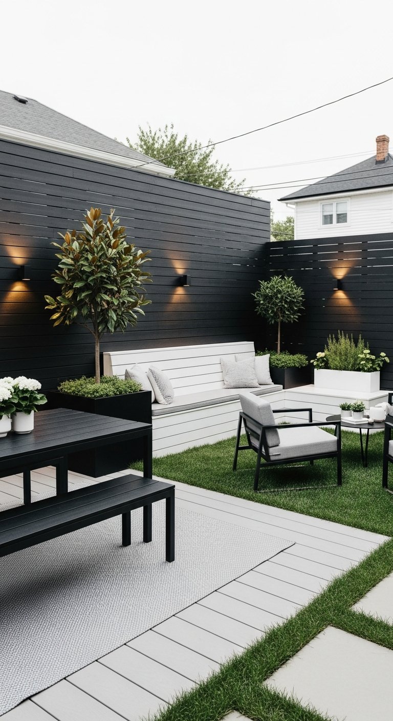 Terrasse moderne avec clôture noire banc blanc intégré et mobilier gris