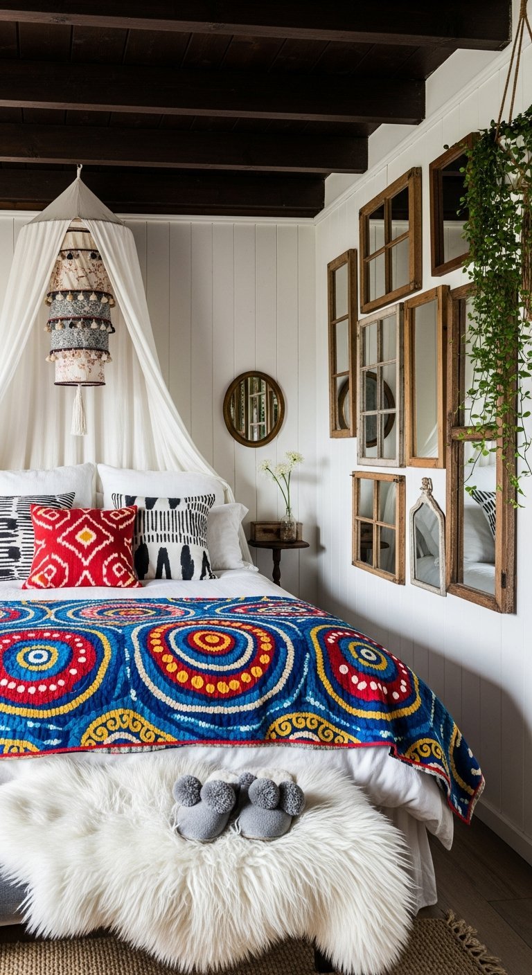 lit baldaquin et coussins ikat