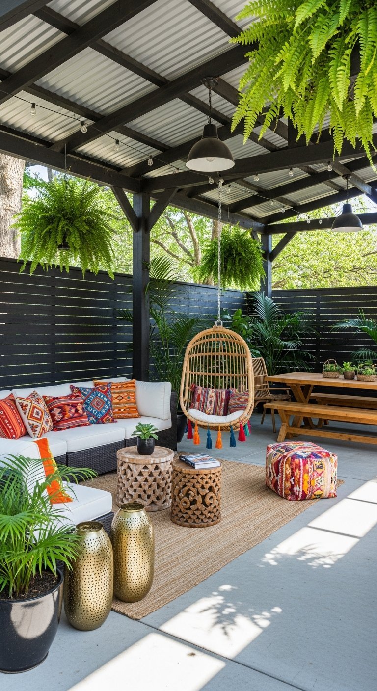 terrasse maison pergola noire boheme