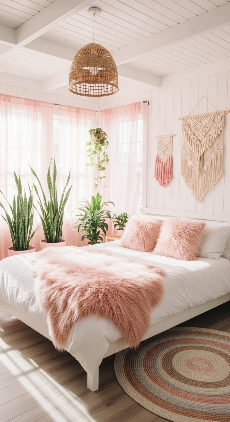 chambre rose boheme plantes