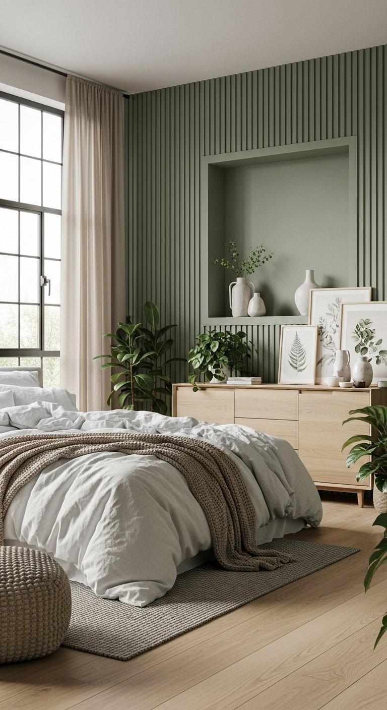 chambre minimaliste lattes vertes