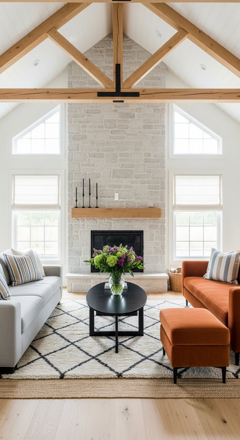 salon plafond cathedrale cheminee pierre