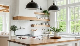 ilot cuisine bois suspensions noires