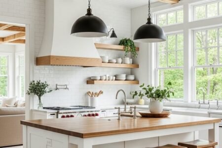 ilot cuisine bois suspensions noires