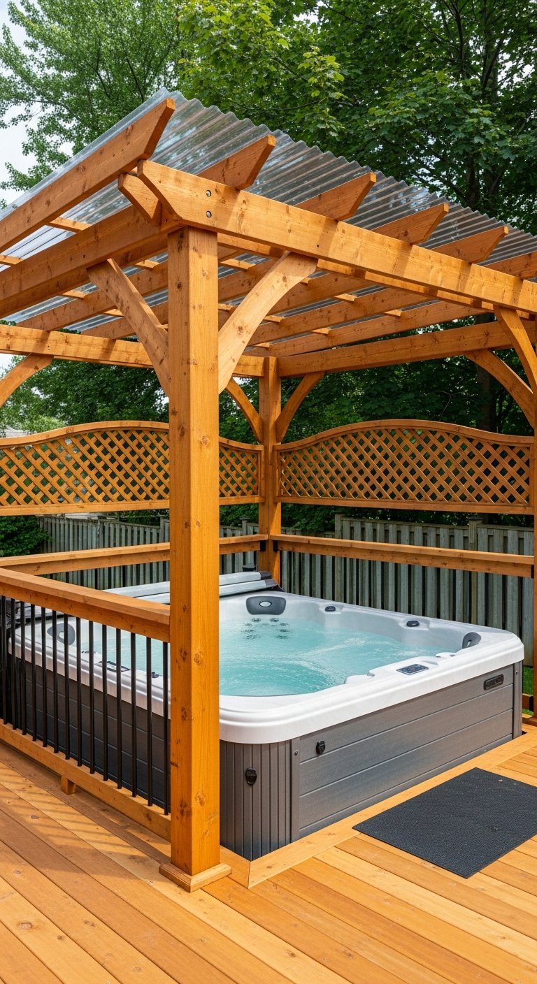 jacuzzi exterieur terrasse abri rustique