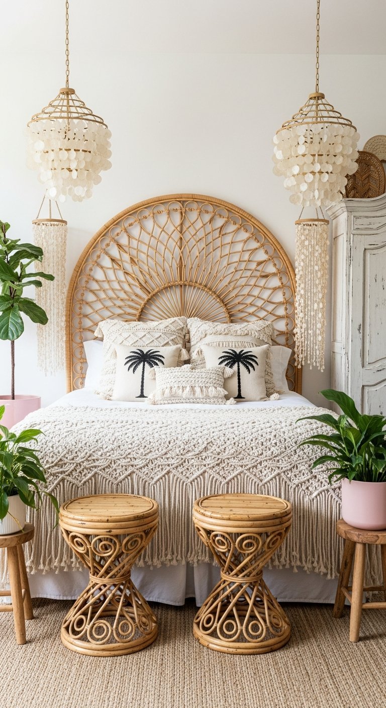 tete de lit paon rotin coquillages