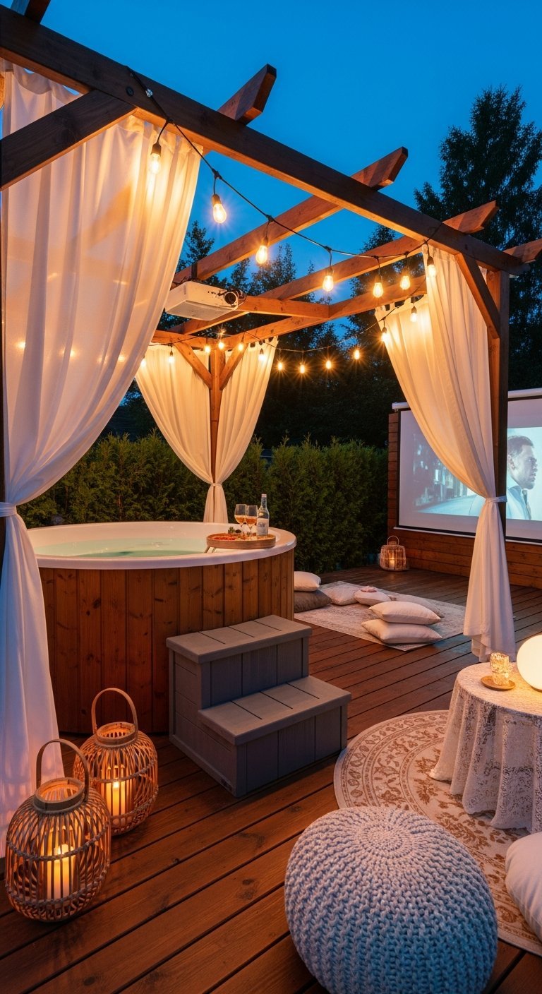 jacuzzi exterieur terrasse cinema projecteur
