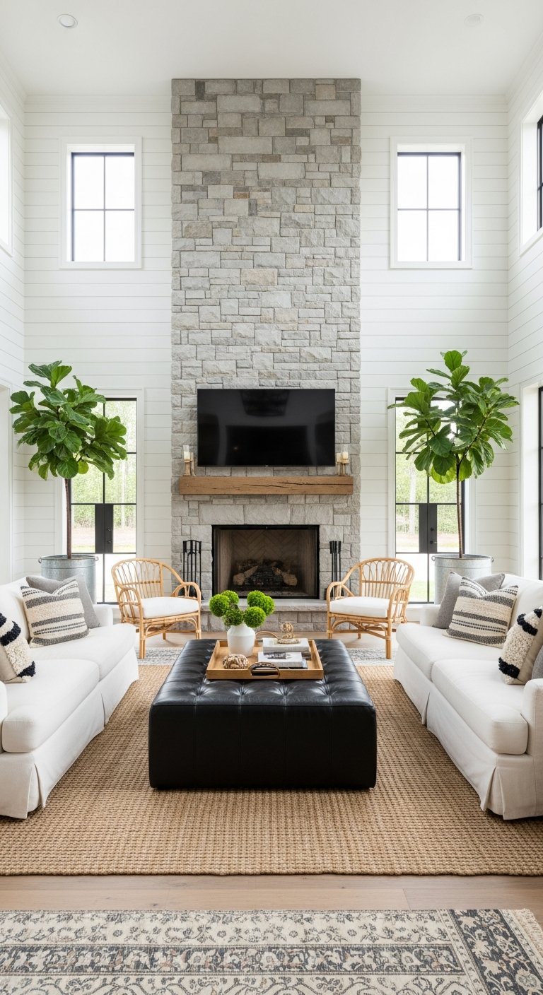 grand salon cheminee pierre plantes