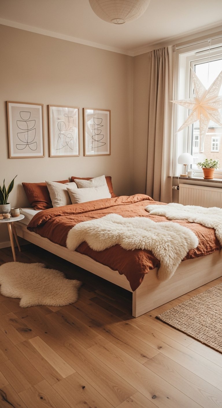 Chambre beige cadres minimalistes