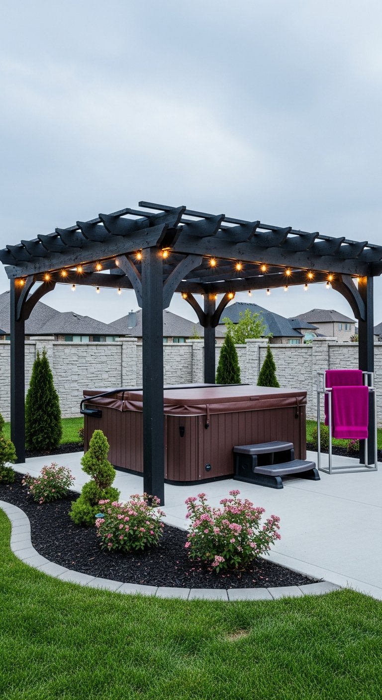 jacuzzi exterieur terrasse pergola noire