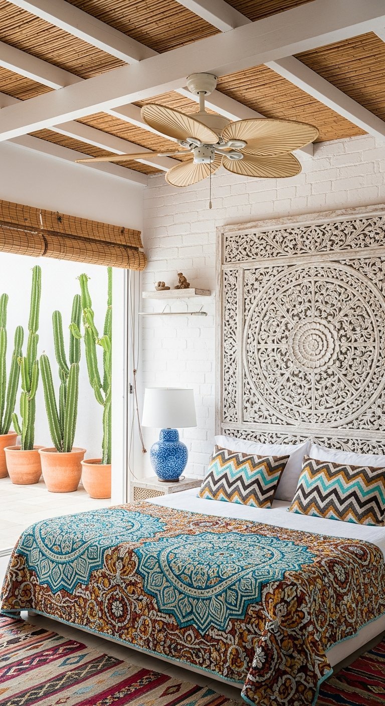 ventilateur rotin panneau sculpte