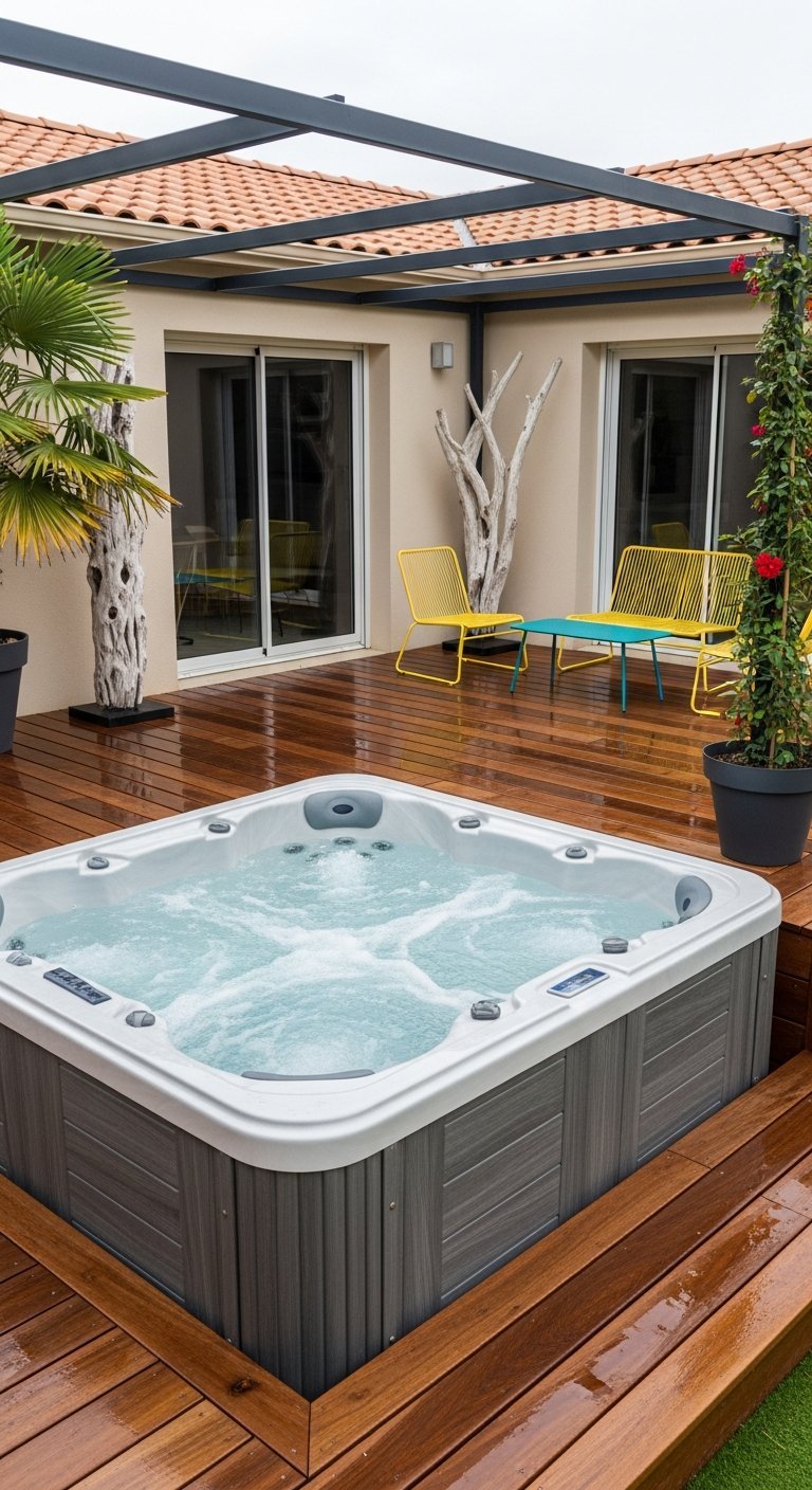 jacuzzi exterieur terrasse jaune colore