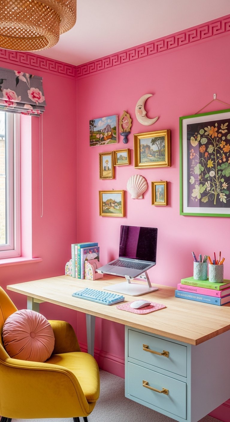 bureau rose cadres colores