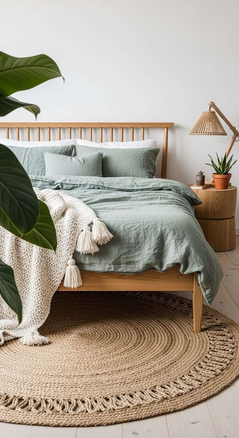 tapis jute rond lit minimaliste
