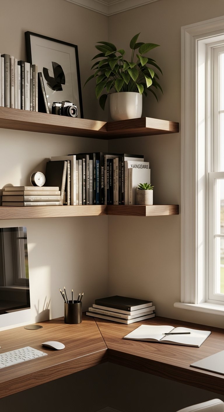 etageres angle bois sombre livres