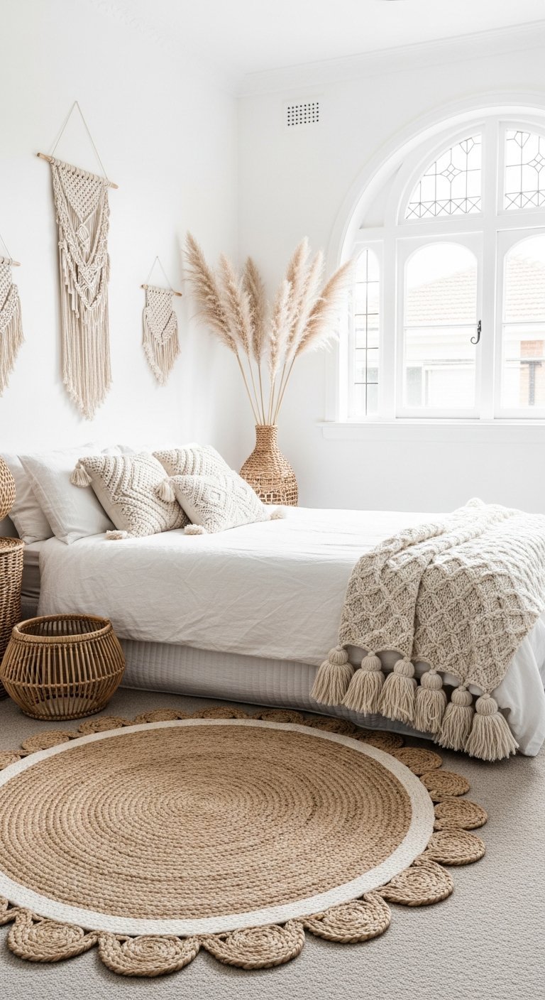 chambre blanche tapis jute rond